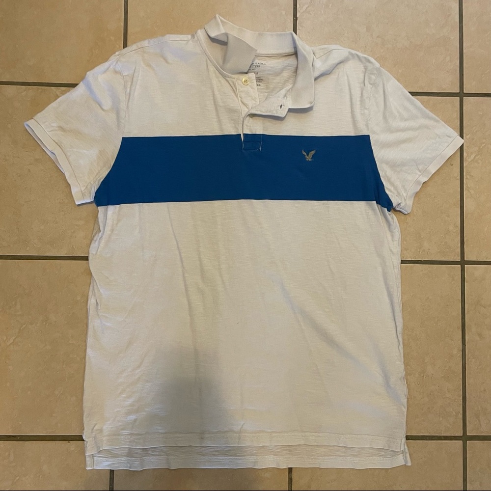 XL American Eagle White and Blue Polo (Slim Fit)